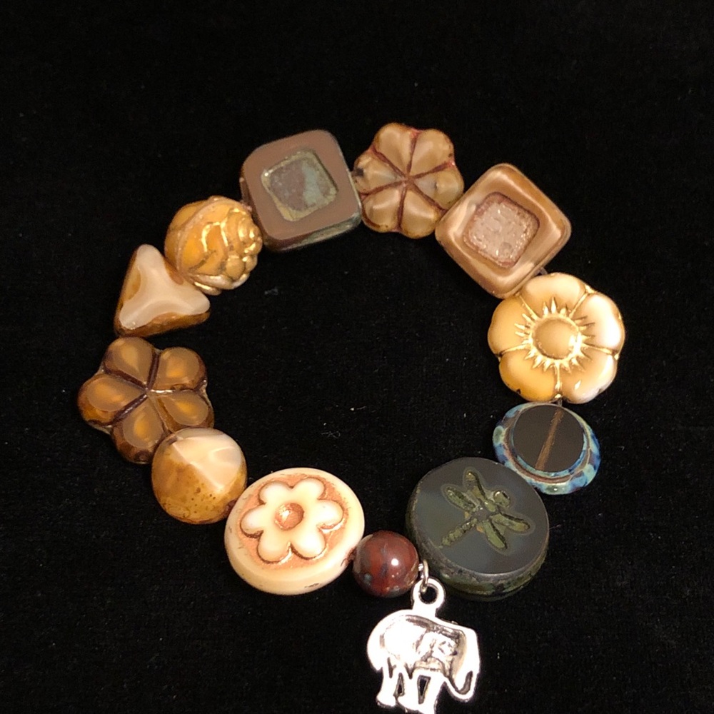 Bohemian Beaded Bracelet with a Silver Tone Elephant Charm